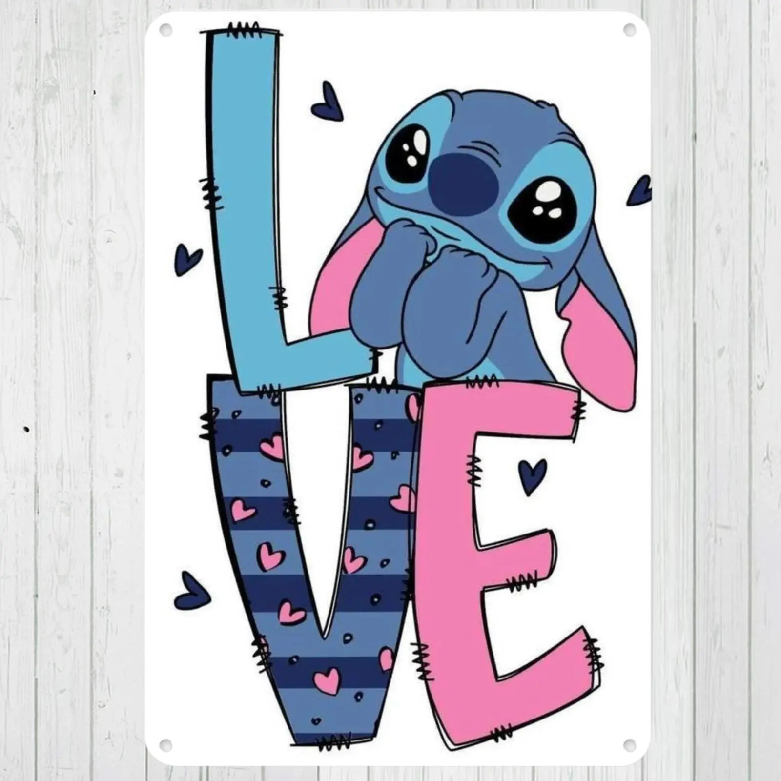 Disney Classic Lilo & Stitch "LOVE" Waterproof Print Vintage Metal Tin Sign - Cute Stitch Heart Wall Decoration, Retro Cartoon Plaque for Kids Room/Valentine's Day, Ideal Disney Fan Gift, Water Proof