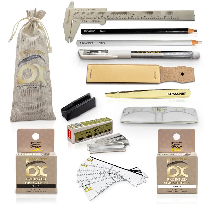 BROWSXPERT Master Brow Mapping Kit – 1 Caliper, 2 Pre-Inked Threads (Black & White), 2 Pencils (Black & White), 1 Marker, 2 Sharpeners, 10 Stencils, 10 Sticky Rulers & 1 Tweezers for Professionals