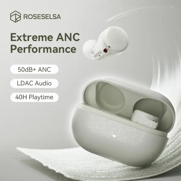 ROSESELSA CERAMICS ULTRA Wireless Earbuds with HiFi Sound, 50dB Hybrid ANC Noise Cancelling, LDAC Audio, 40H Playtime, Bluetooth 6.0 Earbuds with Dual Mic for Music, Calls & Travel