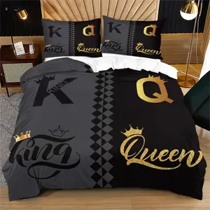 2/3 Piece Romantic Valentine'S Day Themed Bedding Set, Valentine'S Day Gifts, King and Queen Duvet Cover Set, Crown Married Couple Comforter Cover, Suitable for Couple Bedroom Decoration Set,Including 1 Quilt Cover and 1/2 Pillowcase
