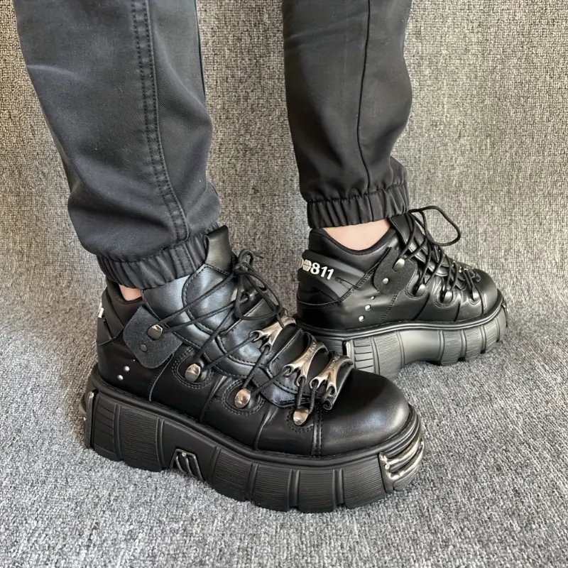 Women's Retro Punk Solid Black Thick-Bottom Lace-Up Casual Trainers - Mesh Fabric, Metal Decorations, Rubber Sole, All-Season Casual Walking Shoes, Sneaker, Footwear, Laces, Closed, Round Toe, Thick Sole, Superfine Fiber, Lacing System