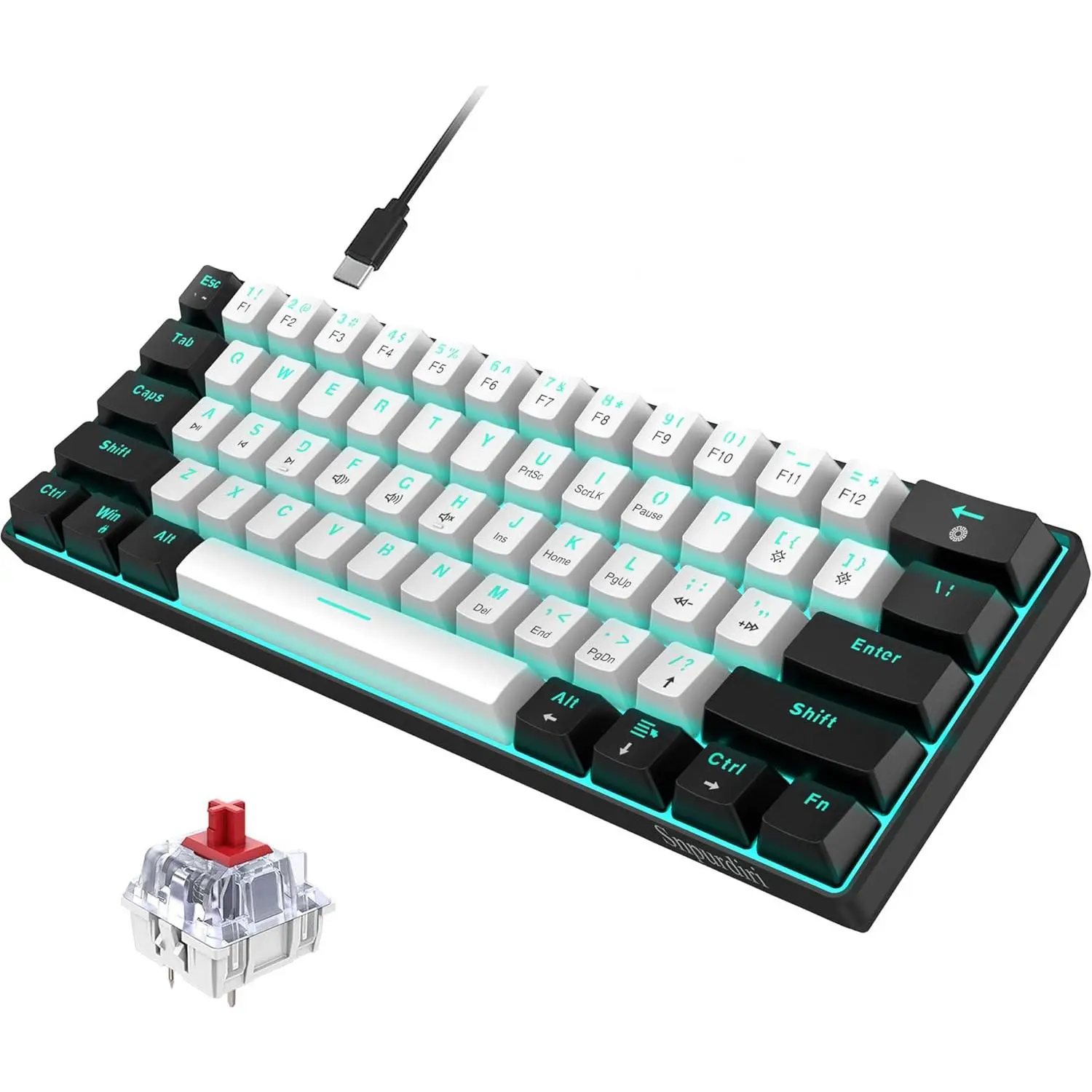Snpurdiri 60% Wired Mechanical Gaming Keyboard, 61 Keys Mini Ice Blue LED Backlit Office Keyboard for Windows Laptop PC Mac (Black-White, Red Switches)
