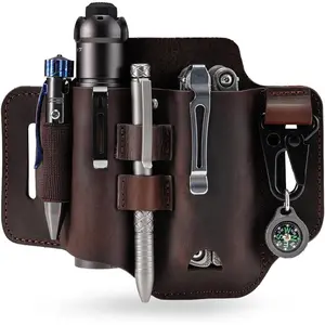 ST2 Leather Multitool Sheath, EDC Leather Belt Organizer, Belt EDC Organizer for Leatherman Tools, Flashlight, Pen, and  Clip,  for Work and Daily Use, Ideal  for Men