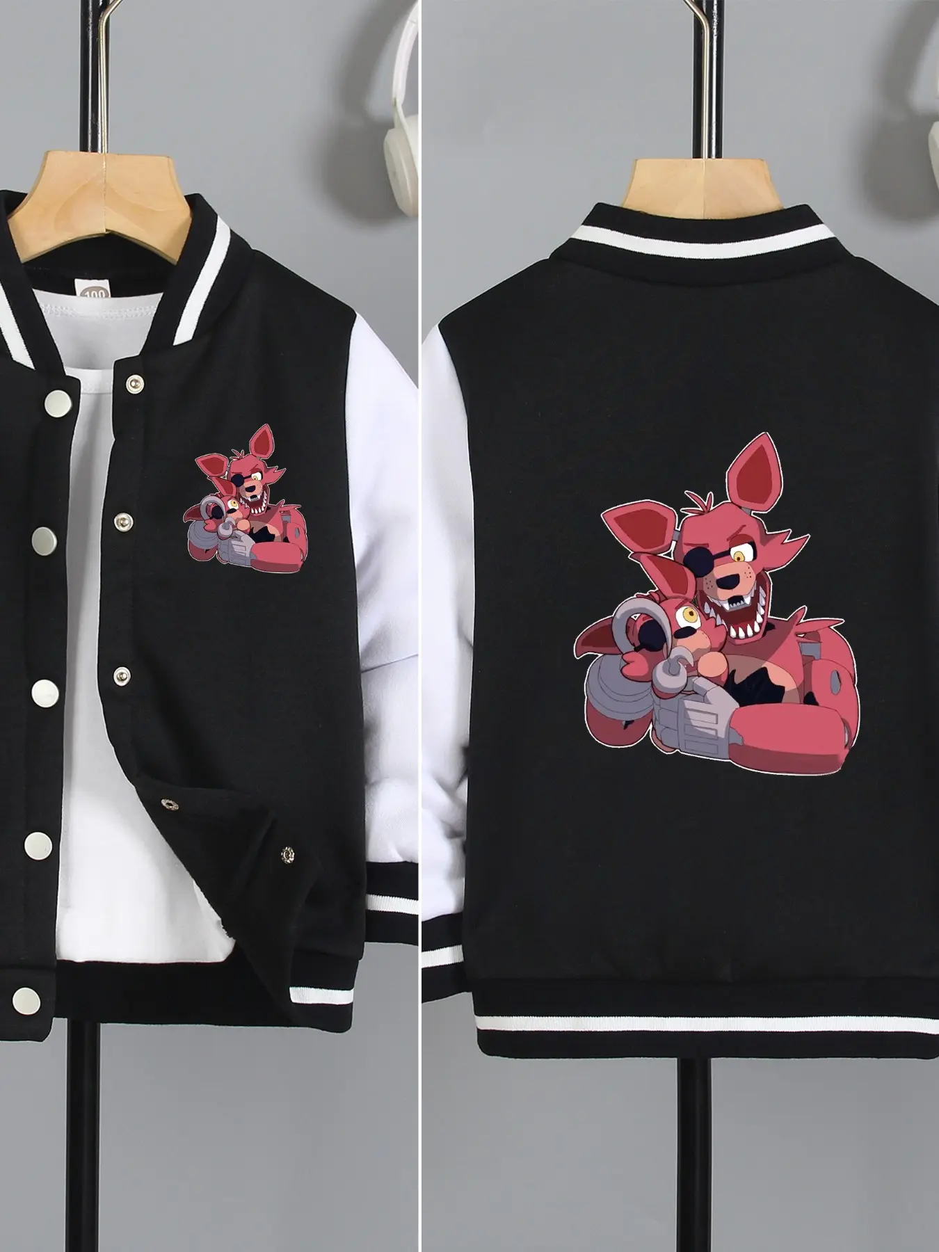 Five Nights At Freddy's Foxy - Floral Print Boys' And Girls' Spring/Autumn Trendy Baseball Jacket Cardigan, Casual Comfy Cute Jacket, Stylish, Casual, Comfortable, Suitable For Daily Use And Versatile For Outdoor Activities, Ideal Gift Choice