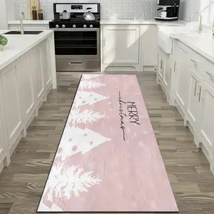 1 Piece Pink Christmas Kitchen Mat, Kitchen Runner Rug, with Simple Design with White Christmas Tree Elements, Absorbent and Non-slip. Ideal for living room, kitchen, perfect holiday decorative gift for Christmas kitchen decoration