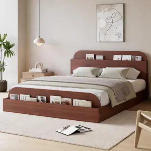 Queen Size Bed Frame with Storage Headboard and Raised Footboard – Wooden Queen-Floor Low Platform Bed for Bedroom, Heavy Duty & Noise Free, No Box Spring Needed, Red Peach Wood