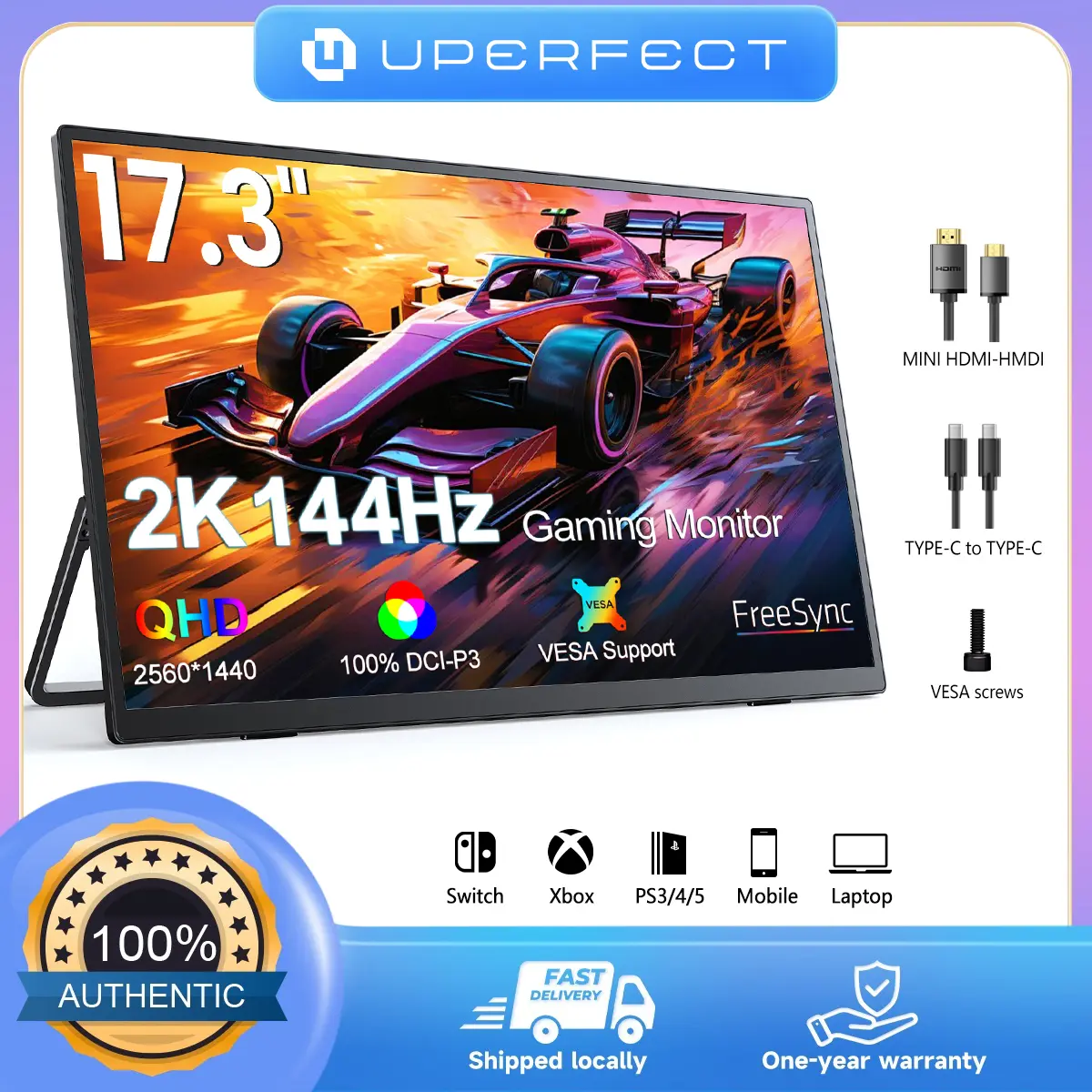UPERFECT ZX173BQ 17.3 inches 144Hz Portable Gaming Monitor 2K 1080P 105% sRGB LS Stand Matte Eye-Care Screen Supports ROG Ally Games and Steam Portable Suitable as a Secondary Monitor for Office and Gaming