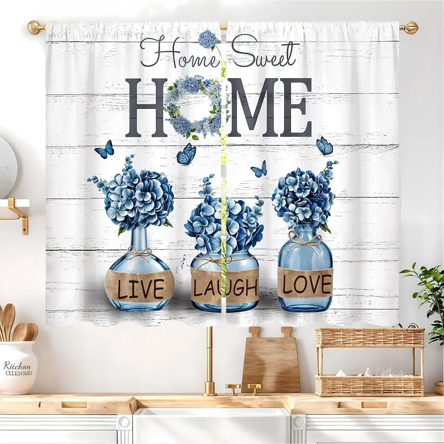 Farmhouse Curtains, Blue Hydrangea Plant Motif Rod Pocket Drapes (2 Panels, 27.5W x 39L in) - Renter-Friendly Traditional Sentimental Light Filtering Small Window Kitchen Accessories for Rustic Retro Cafe Decor