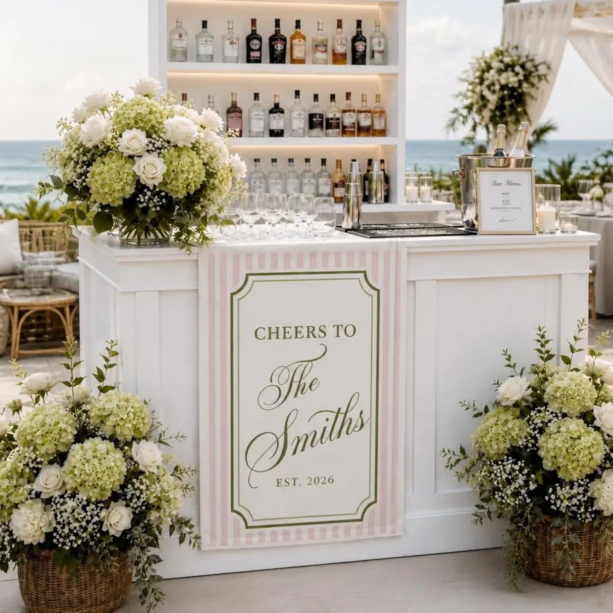 Personalized Wedding Bar Sign Cheers To Family Name, Custom Linen Bar Runner Sign, Elegant Wedding Cocktail Sign, Reception Decor