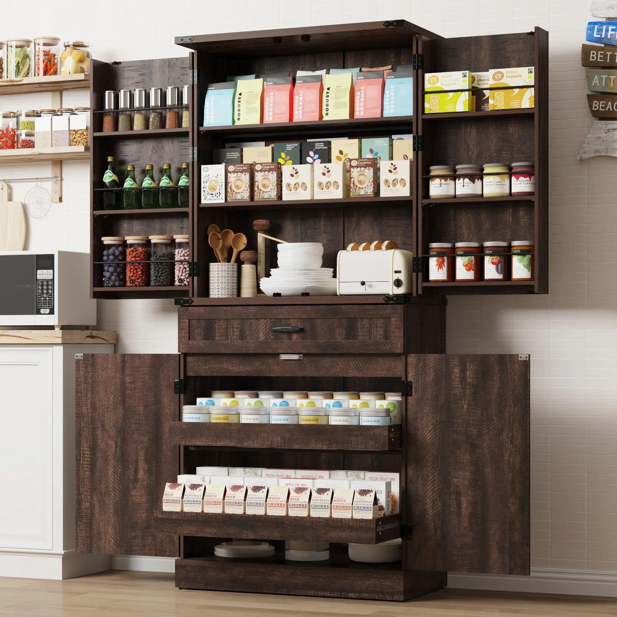 71" Tall Kitchen Pantry Cabinet with 3 Drawers, Farmhouse Storage Cabinet with 6 Barn Door Shelves,with Load-Bearing Steel Pipe and Adjustable Shelves,Pantry Organizer for Kitchen,Living Room(White/Brown)