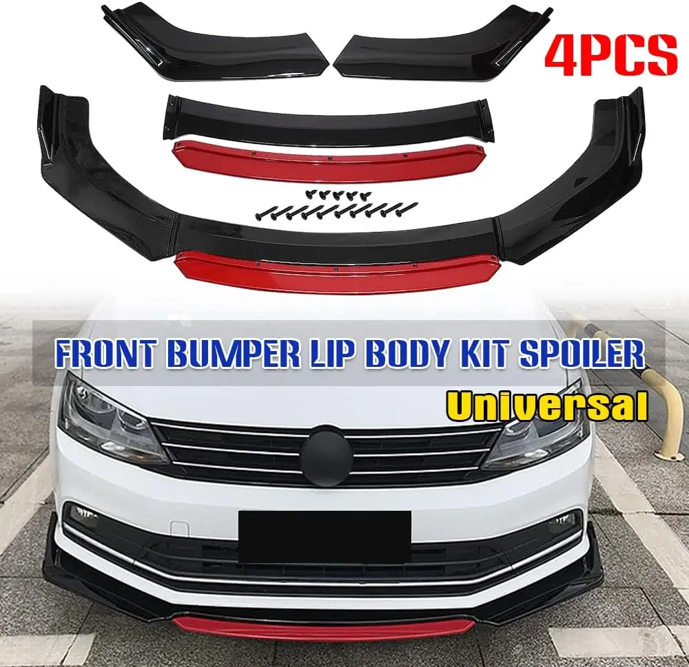Universal Glossy Black Red Front Bumper Lip Body Kit,Round Corner Chin Spoiler Splitter Diffuser Protector Fit For Honda/Toyota/Chevy/Dodge/Audi/Nissan/Charger SRT,for Car Exterior Decoration