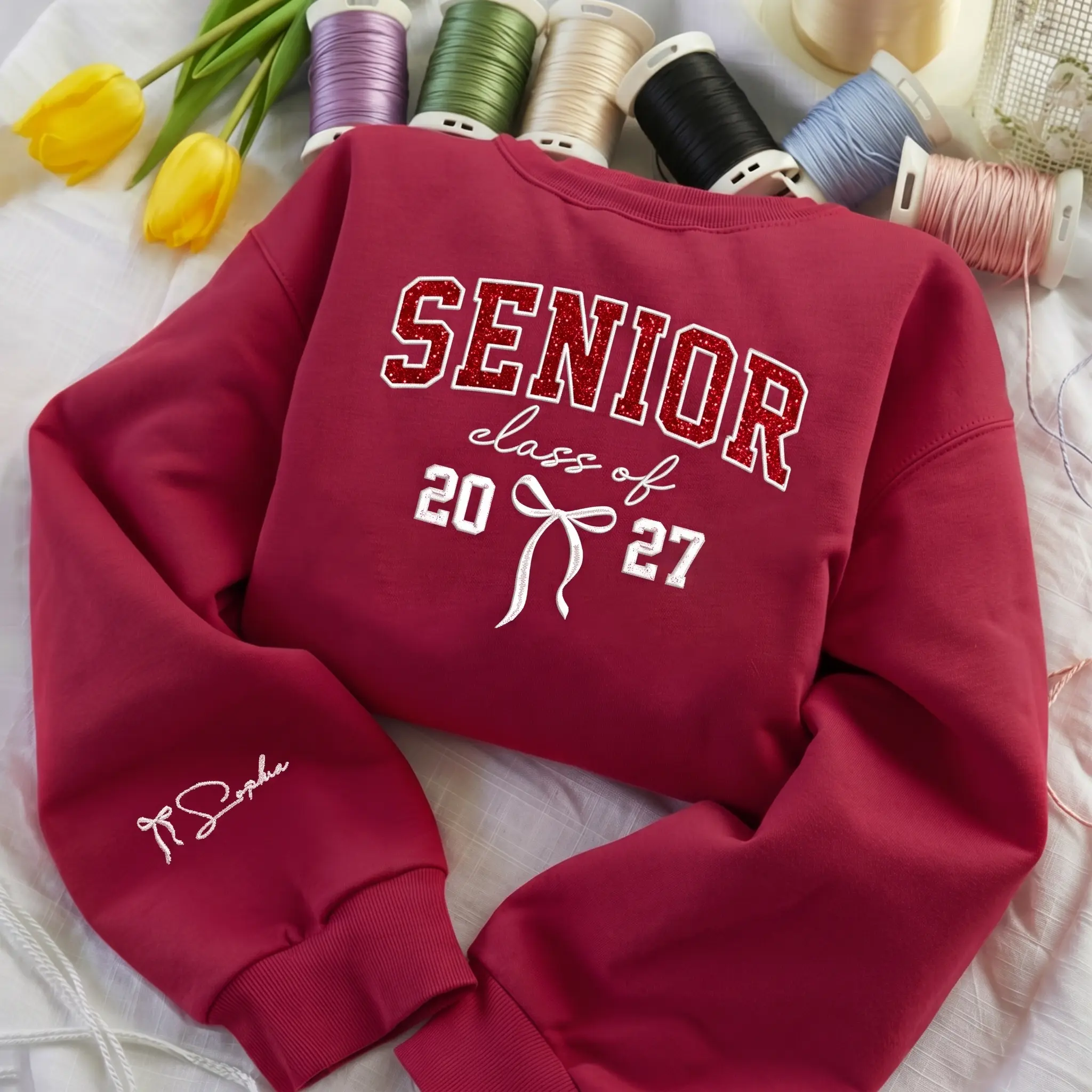 Custom Glitter Embroidered Senior 2027 Sweatshirt - Personalized Class of 2027 Crewneck - Graduation Gift - Senior Mom Hoodie