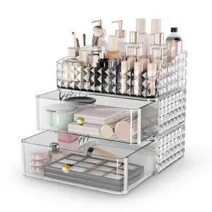 Clear Makeup Organizer with Drawer, Cosmetic Storage Box for Brushes, Lipsticks & Jewelry, Sliding Grid Racks Vanity Desktop Organizer Mother's Day