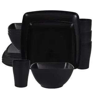 Square Plate & Bowl & Cup Set, 16pcs/set Including 4 Plates, 4 Bowls, 4 Cups & 4 Spoons, Tableware Set for Home Kitchen Dining Room, Cutlery