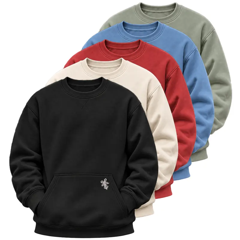 Men’s 5-Pack 1-pack Fleece Crewneck Sweatshirts with Kangaroo Pocket, Relaxed-Fit Pullover Tops with Ribbed Cuffs, Soft Casual Streetwear for Fall and Winter