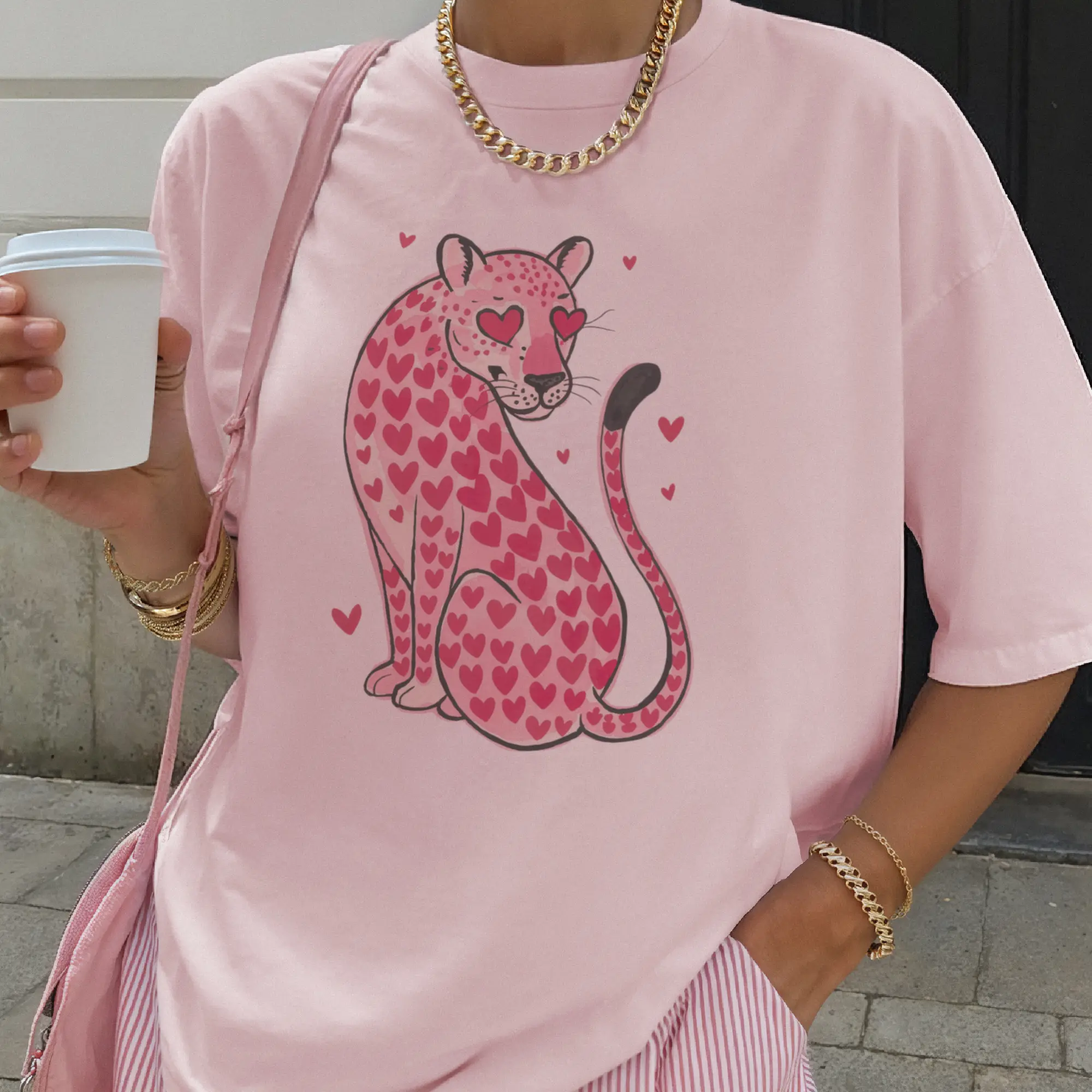Valentines Heart Leopard Tees Pink Cheetah Heart Eyes Graphic Tee Casual Crewneck Womens Sublimation Shirt