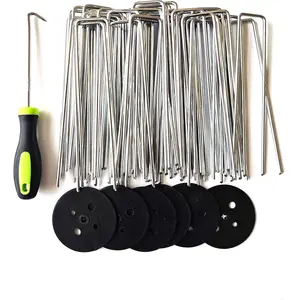 50 count 6 Inches Galvanized Landscape Staples, 50 count Gaskets and 1 Pick Hook, Heavy Duty Anti-Rust Garden Stakes for Weeds Barrier Sod Fabric Decorations Ground Cover