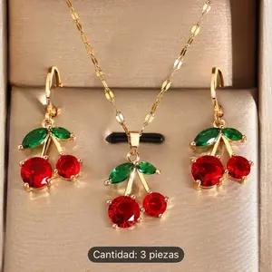 Adorable Style Necklace and Earrings Set with Exquisite Red Cherry Designs - 3 Pieces Set