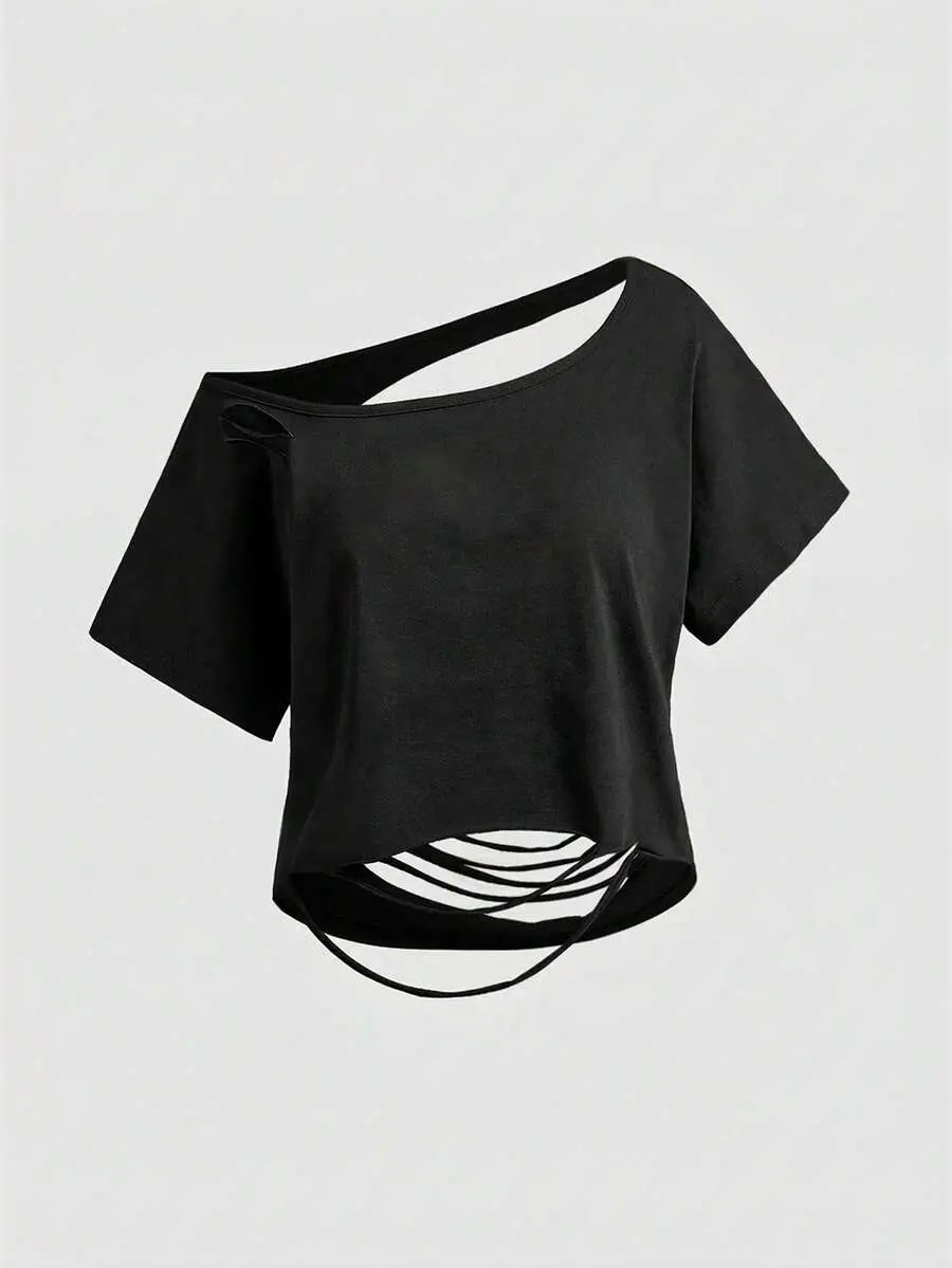 Asymmetric Shoulder Ripped Open Back Loose Cropped T-Shirt