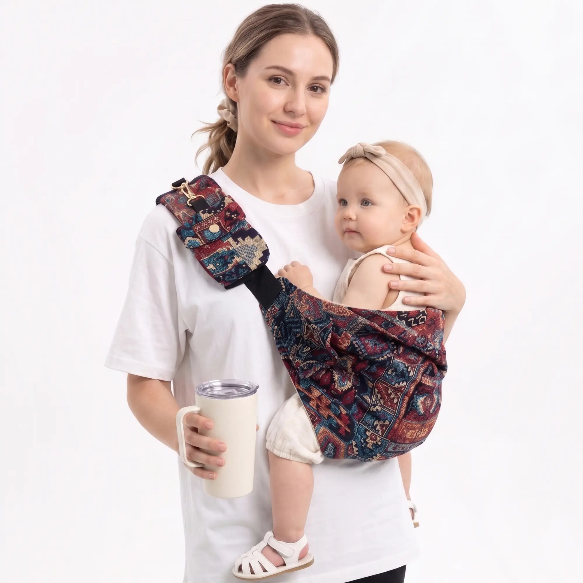 Boho Chic Baby Sling Carrier for Mom, Crossbody Freedom Design, Unique Tapestry Sling, 1-Handed Coffee Carrying Convenience
