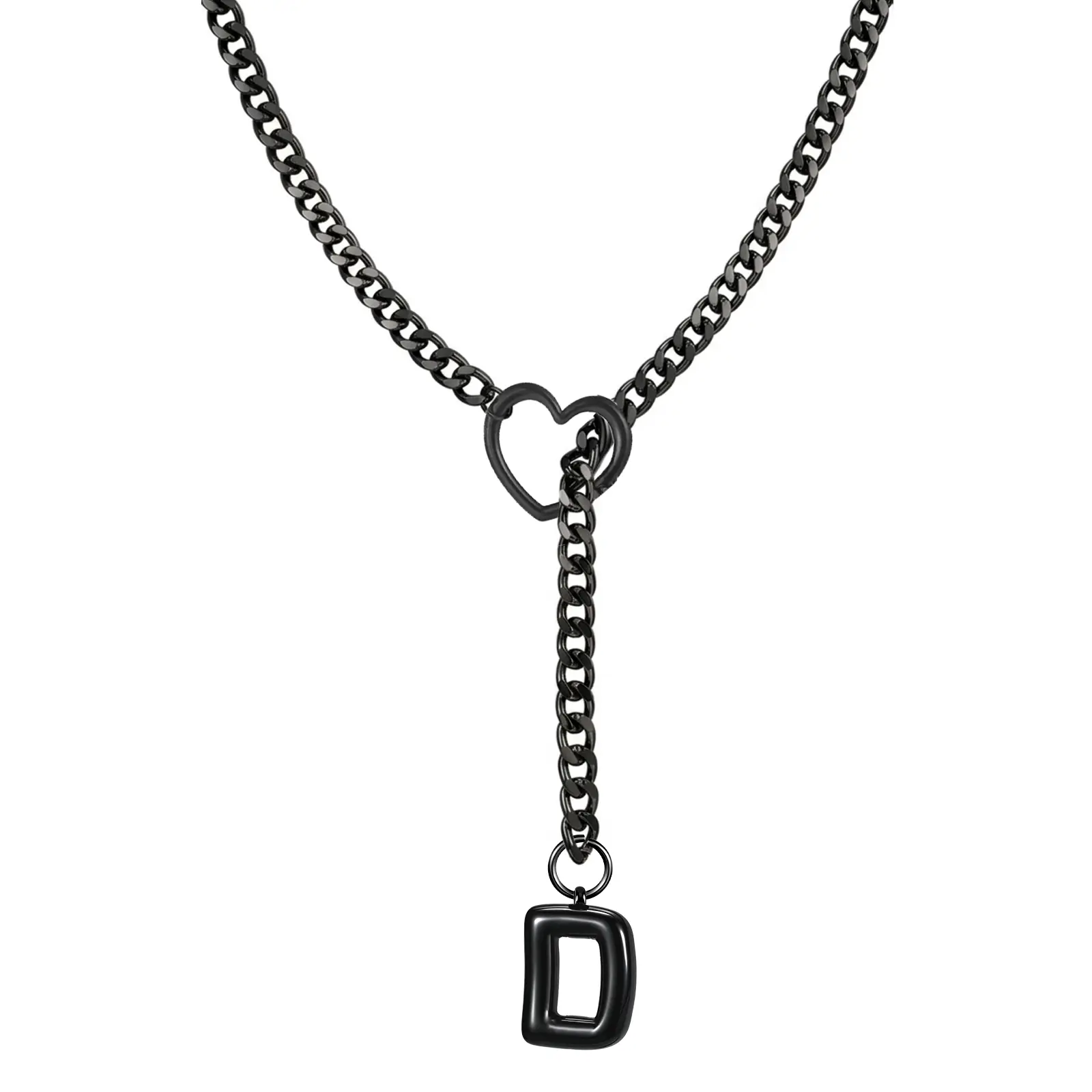 Black Heart Slip Chain Initial Necklaces for Women, Stainless Steel Choker Necklace, Gothic O-Ring Adjustable Lariat Y Necklaces, Punk Cuban Collar Choker Necklace, Halloween Jewelry Gift
