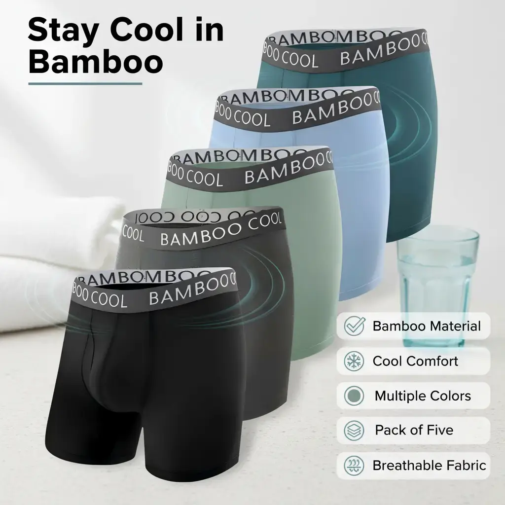 BAMBOO COOL Men's Boxer Briefs, 5-Pack Minimalist Mid-Thigh Style, Natural Bamboo Stretch Fabric with 3D Pouch for All-Day Comfort, Menswear, Plain, Classic