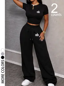 Women's Loose-Fit Round Neck Short Sleeve Top & Straight Leg Pants Set, Comfortable Soft Fabric, Gym Casual Wear, Athletic Fashion Activewear, Ideal for Sports, Outdoor, Shopping, Party