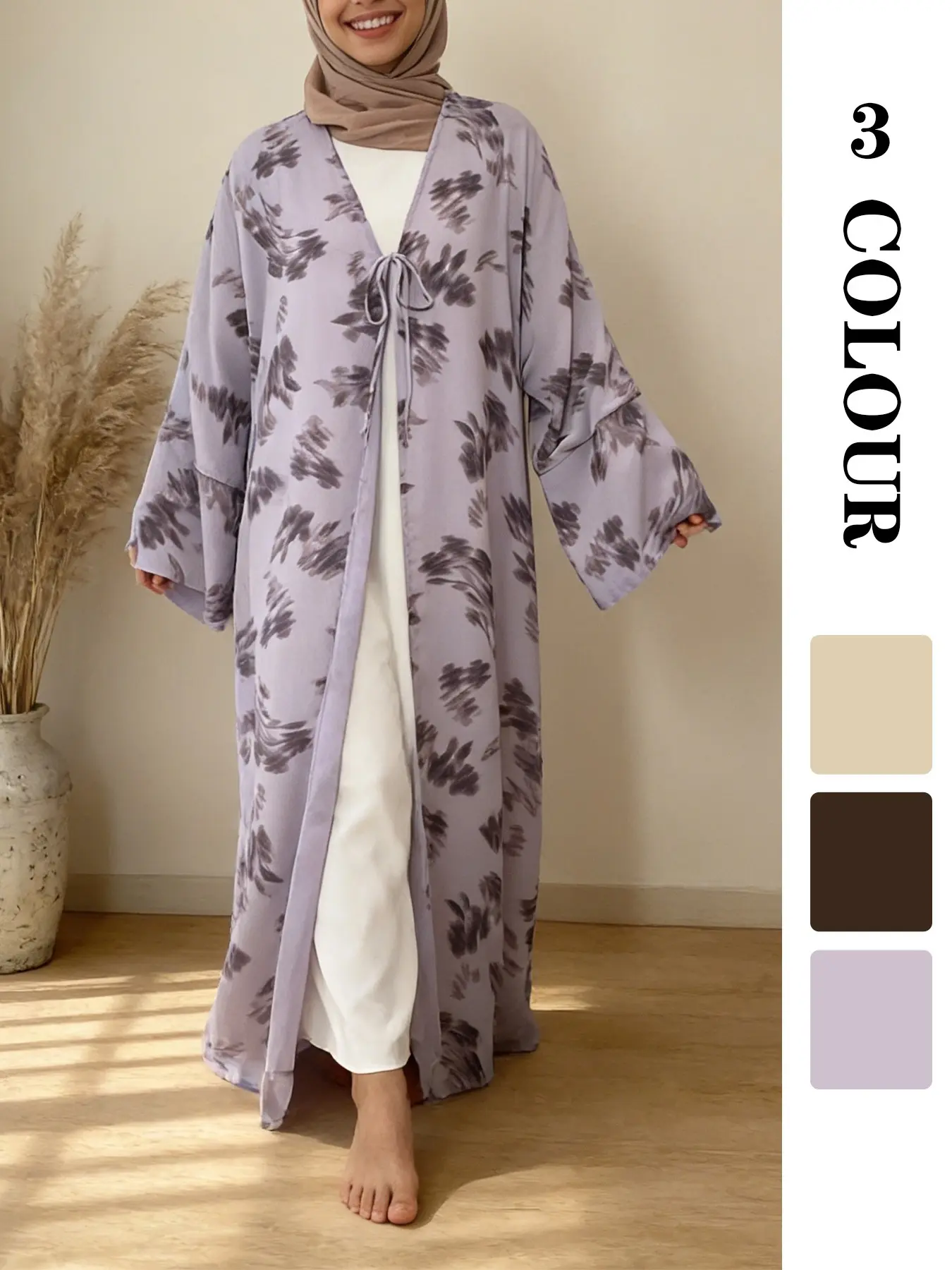 Elegant Women Muslim Printed Open Abaya Home Wear, Modesty Muslim Clothing, Loose Abayas, Lightweight Breathable Polyester Fabric, Comfortable Hijab, Casual Fashion Floral Abaya, Elegant Islamic Clothing #HijabOOTD #MuslimFashion #ComfortableAbaya
