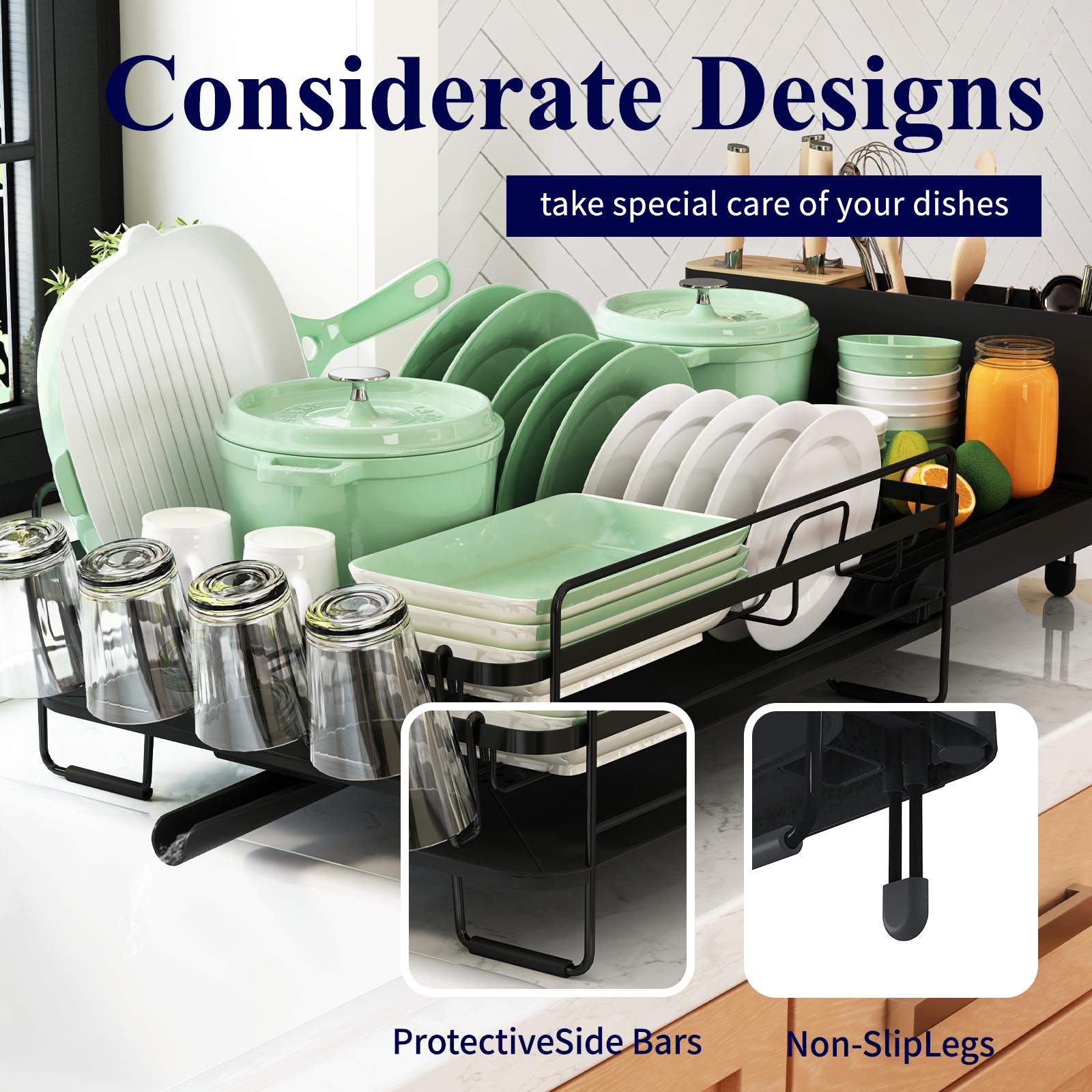 Black Expandable Dish Drying Rack Over Sink, Adjustable Iron Spray Coated Dish Rack with Drainboard, Large Capacity Kitchen Organizer for Plates Bowls Utensils, Space Saving Sink Rack Storage Holder