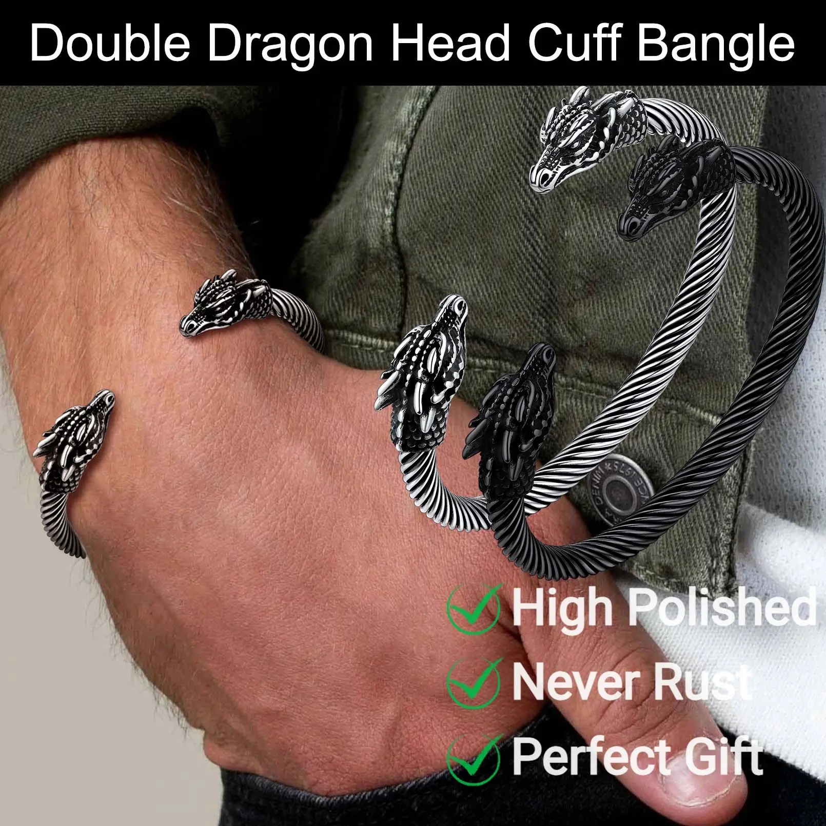 FaithHeart Double Dragon Head Cuff Bangle, Unisex Stainless Steel Fashionable High Quality Hypoallergenic Viking Style Bracelet for Daily Wear, Fashionable Bracelet, High Quality Bracelet