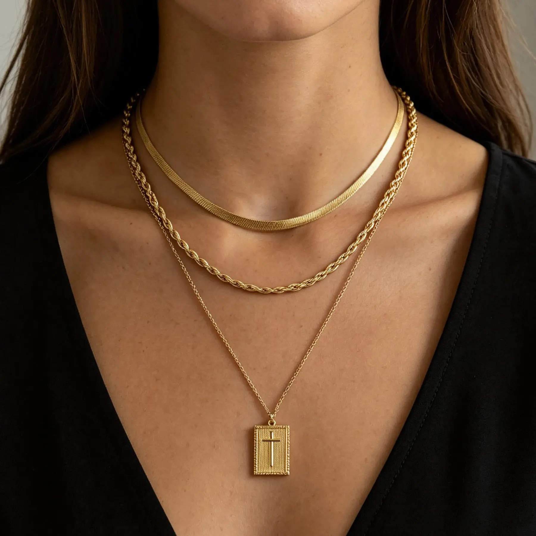Cross Necklace for Women Non Tarnish - 14K Gold Plated Dainty Cross Layered Necklaces Stack Set Herringbone Figaro Paperclip Chain Necklace Trendy Religious Baptism Faith Jewelry Gifts