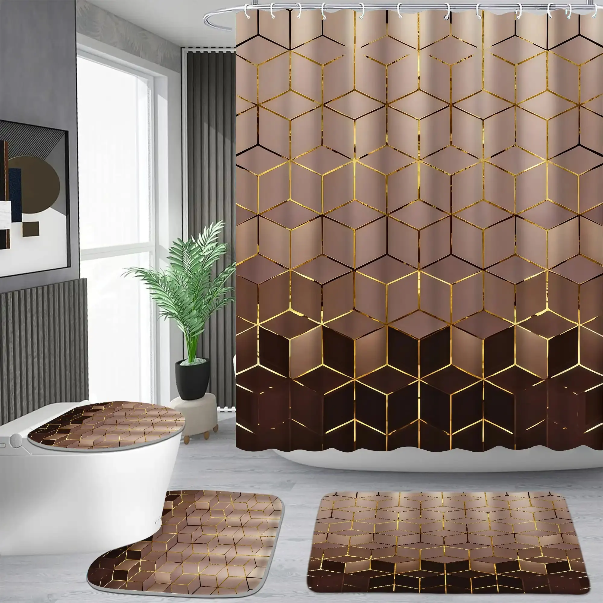 Golden cube pattern bathroom set, waterproof shower curtain with 12 hooks, non-slip bathroom carpet, toilet U-shaped cushion, toilet seat cover cushion, bathroom decoration, bathroom shower curtain set, perfect mobile gift.