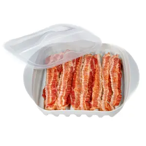 Microwave Bacon Cooker With Lid - Fits 8 Strips, Splatter Free Dishwasher Safe Microwavable Bacon Tray Heat Resistant Handles Size 11” x 10” x 2"