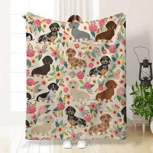 Cute Dachshund Pattern Blanket, Soft Comfortable Warm Throw, Air-conditioned Room Blanket, Warm Nap Blanket for Home & Office & Travel, Blanket Gifts