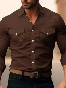 Men's Collared Fitted Long-Sleeve Plaid Patchwork Button-Up Shirt - All-Season Cotton-Polyester Top, Fashion Design, Suitable for Gifting & Travel, Blush Pink Menswear for Outdoor Fun