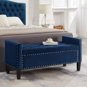 [Bellemave]Upholstered Tufted Button Storage Bench with nails trim,Entryway Living Room Soft Padded Seat with Armrest,Bed Bench -Navy