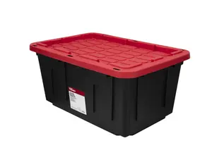 27-Gallon Heavy-Duty Plastic Storage Bin with Snap-On Lid Large Industrial Container for Garage Tools Camping Home Organization Black/Red