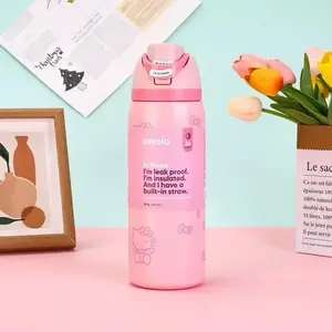 Cute Pink Kitty Aesthetic FreeSip Insulated Stainless Steel Water Bottle – Bow Design Leakproof Straw Lid – 24oz 32oz