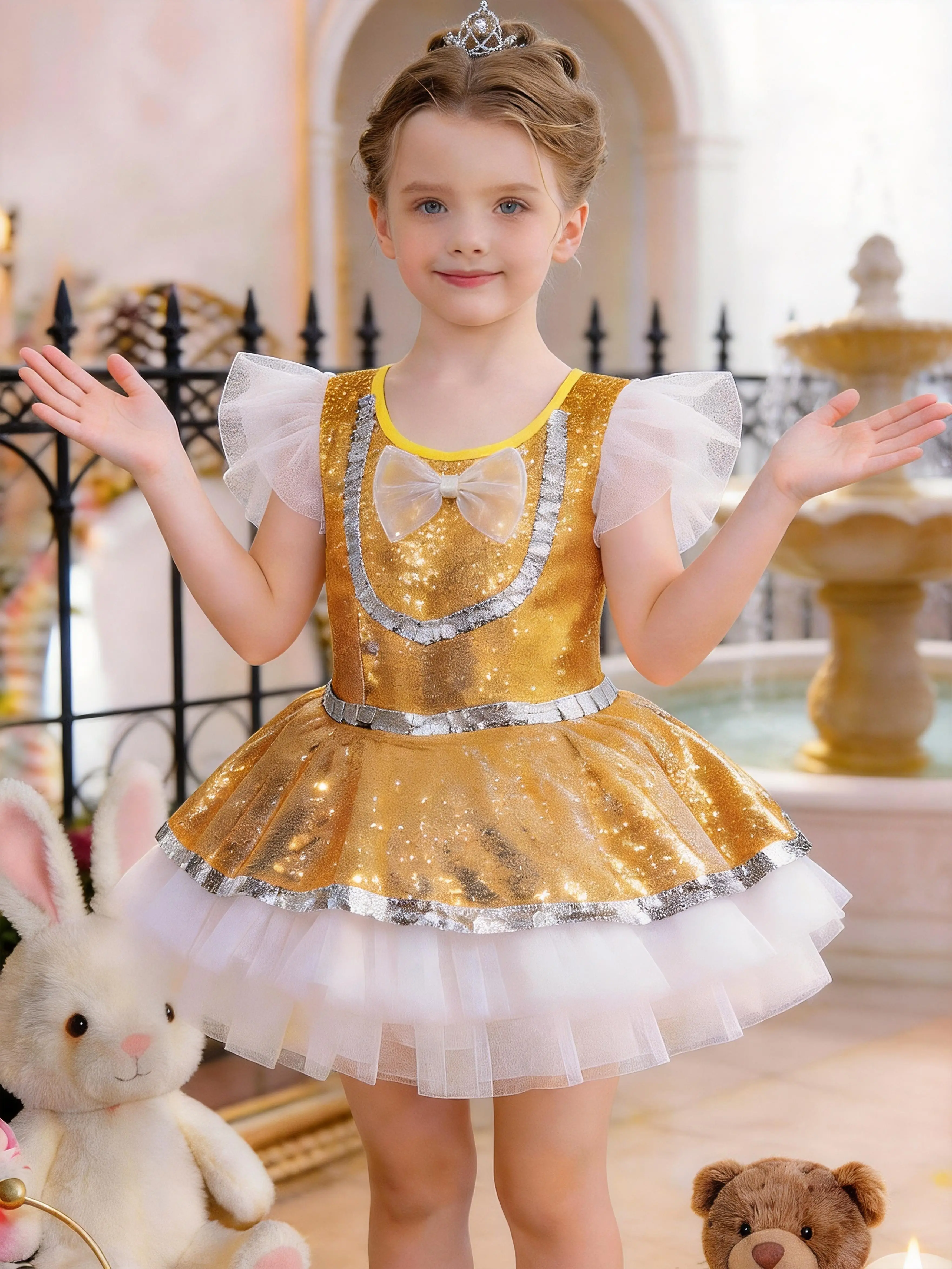 Girls' Gold Sequin Princess Tutu Dress - Crew Neck, Sparkling Bodice, Princess Theme, All Seasons Sparkly Ballerina Costume for Birthday Parties