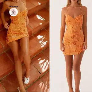 Women Sparkly Sequin Mini Dress  Tie Back Beaded Rhinestone Short Cami Dresses Open Back Club Party Glitter Dress