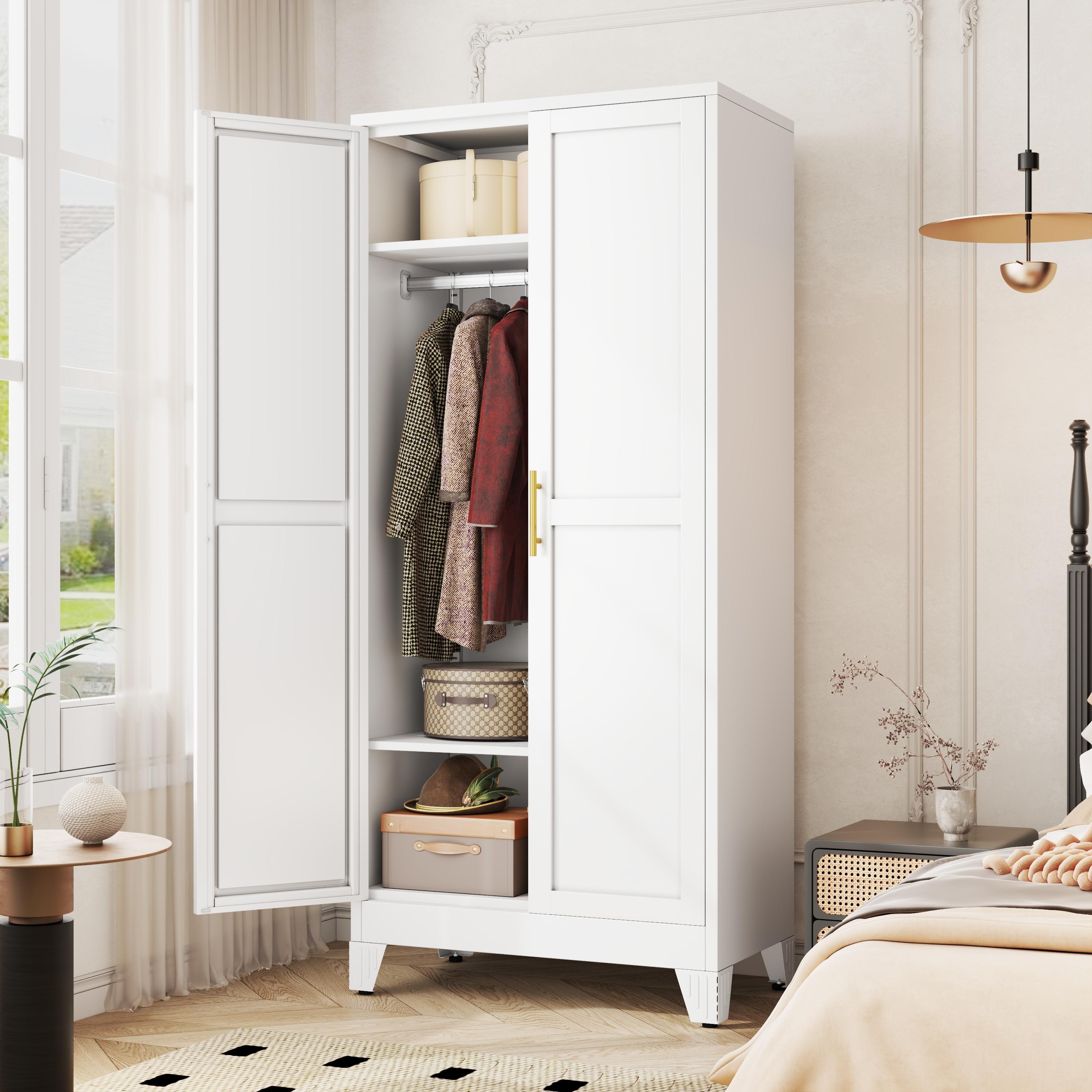 Metal Armoire Wardrobe Closet with 2 Doors, Freestanding Bedroom Clothing Storage Cabinet with Adjustable Shelves & Hanging Rod Metal Armoire Wardrobe Closet with 2 Doors, Freestanding Bedroom Clothing Storage Cabinet with Adjustable Shelves & Hanging Rod