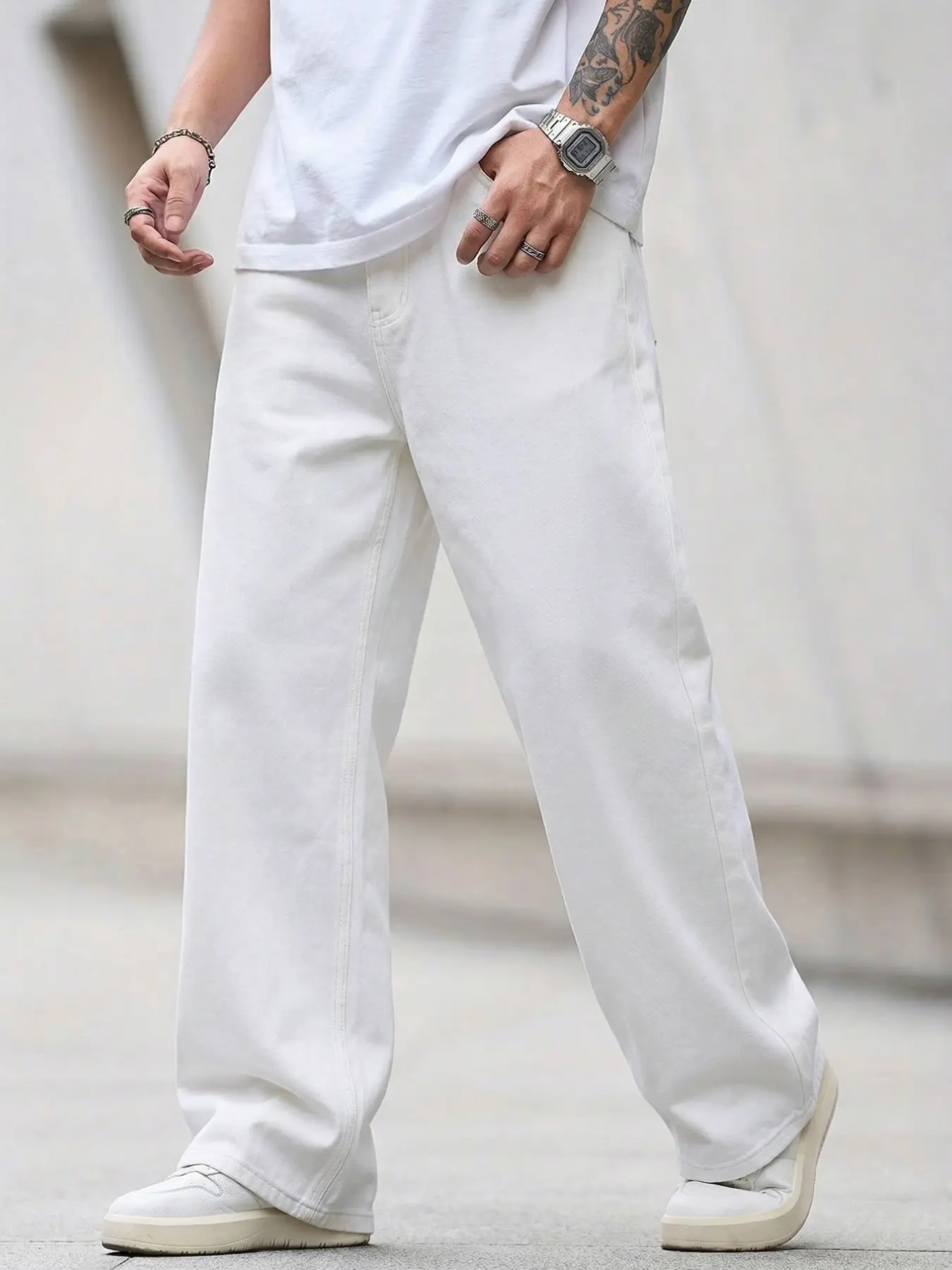Men's White Non-Elastic Loose Baggy Oversized Straight-Leg Plain Casual Jeans, Pants, Streetwear, Minimalist American Street Trend, Boyfriend Gift, Versatile Must-Have for Husband's Birthday, Menswear