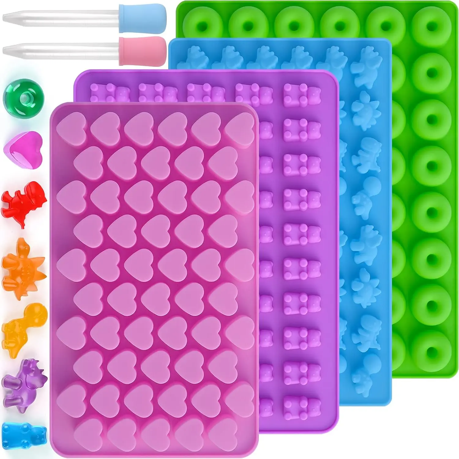 4-Pack Silicone Fondant Molds with 2 Droppers, Non-Stick Silicone Baking Molds Dinosaur Bear Heart and Donut Fondant Chocolate Molds, DIY Handcraft Tool Set
