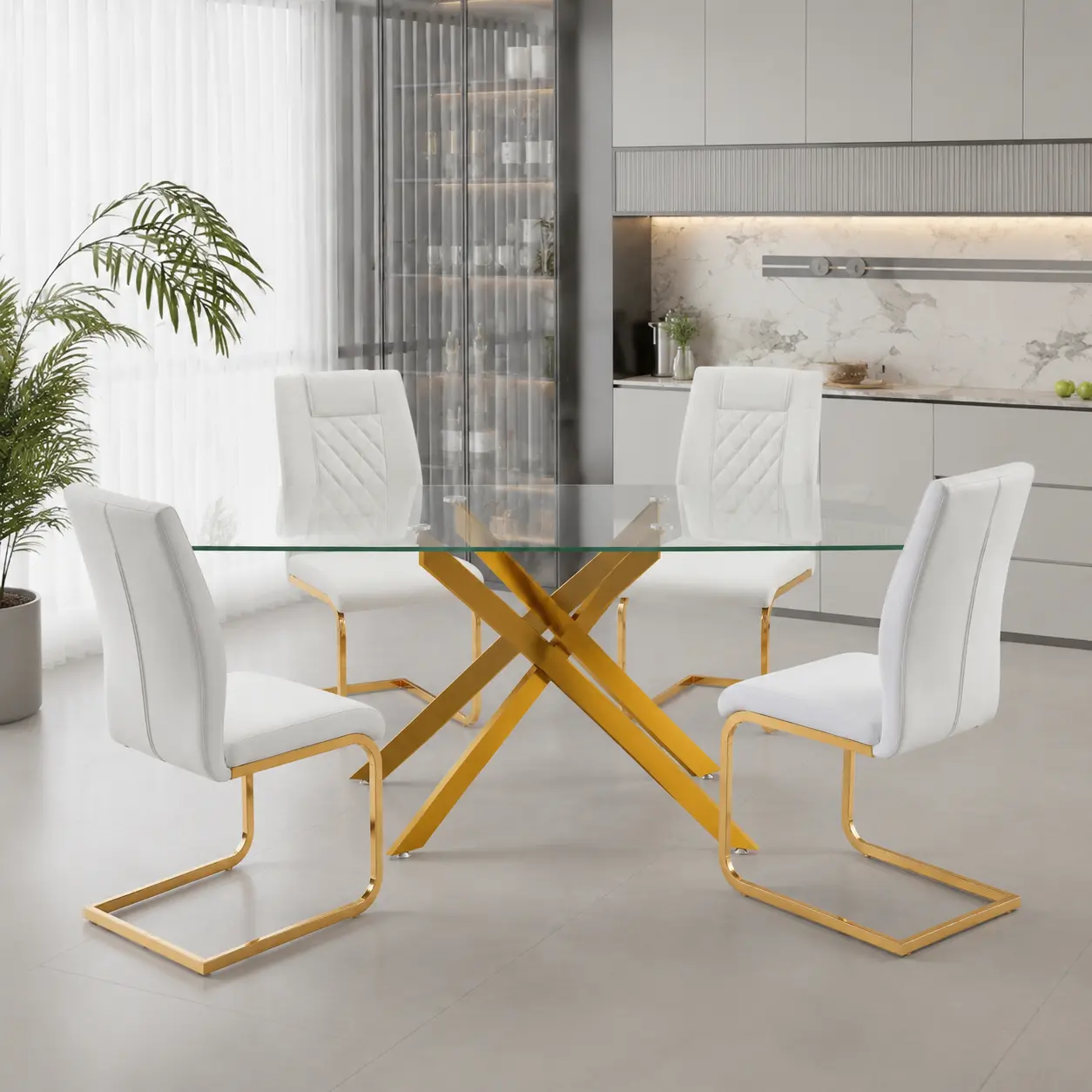 5-Piece Dining Table Set for 4,Modern Rectangular Tempered Glass Dining Table with 4 PU Leather High Back Chairs, Space-Saving Dining Room Table and Chairs Set of 4 with Metal Legs for Kitchen,Apartment
