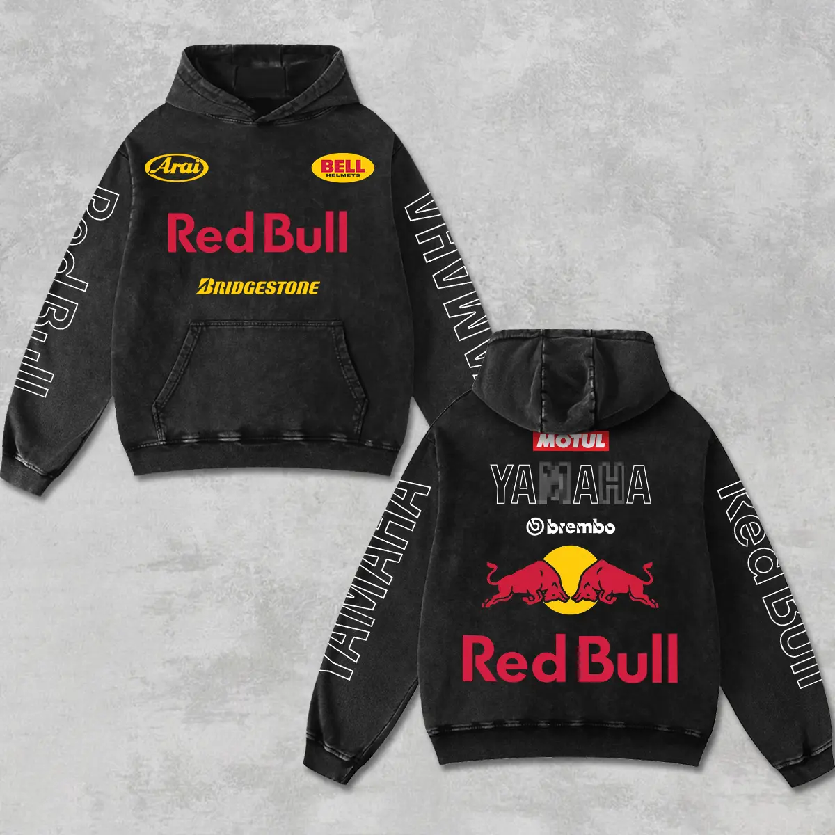 Retro Motul x Brembo x Redbull YZF Racing Hoodie Acid Washed, Motor World Championship Enthusiast, Motorcycle Off-Road Dirt Bike Graphic Streetwear, Heavyweight Biker Sweatshirt, Retro Moto Gear Motorbike Apparel Men’s Grunge Y2K Racing Jacket Style