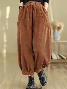 Plus Size Women's Vintage Style Corduroy Nine-Quarter Pants, Loose Wide Leg Trousers, Comfortable and Stylish Casual Wear, Casual Lounge Pant