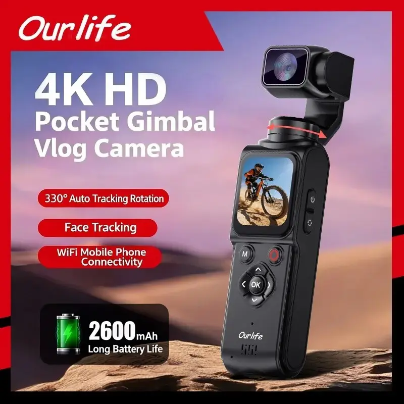 Ourlife At-M105 Camera with 32GB Memory Card, 1 Inch Cmos 4K Video, HD Video Camera, Three-Axis Gimbal Stabilizer, Fast Focus, Face Recognition, Portable Camcorder, Portable Vlogging Camera, Video Recording Equipment