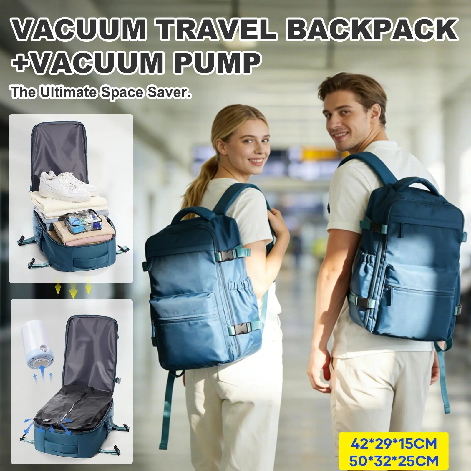 Unisex Vacuum Compression Sealed Travel Backpack with Pump System, Carry On Luggage Size Approved for Air Travel, Portable Casual Solid Color Zipper Laptop Mochila