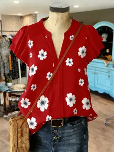 Plus Size Women's Ruffle Short Sleeve Blouse, V Neck Loose Fit, Fashionable Comfortable Dressing, Stylish Versatile Top