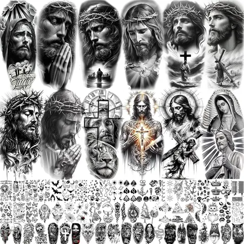 12-Sheet Waterproof Fake Tattoos - 3D Gothic Skull Tattoo, Gothic Rose, Whale, Tribal, Religious Jesus Christ Cross Designs, Cold Water Removable, 3-5 Days Long-Lasting, For Adults, Half Arm Sleeve Halloween Party Stickers